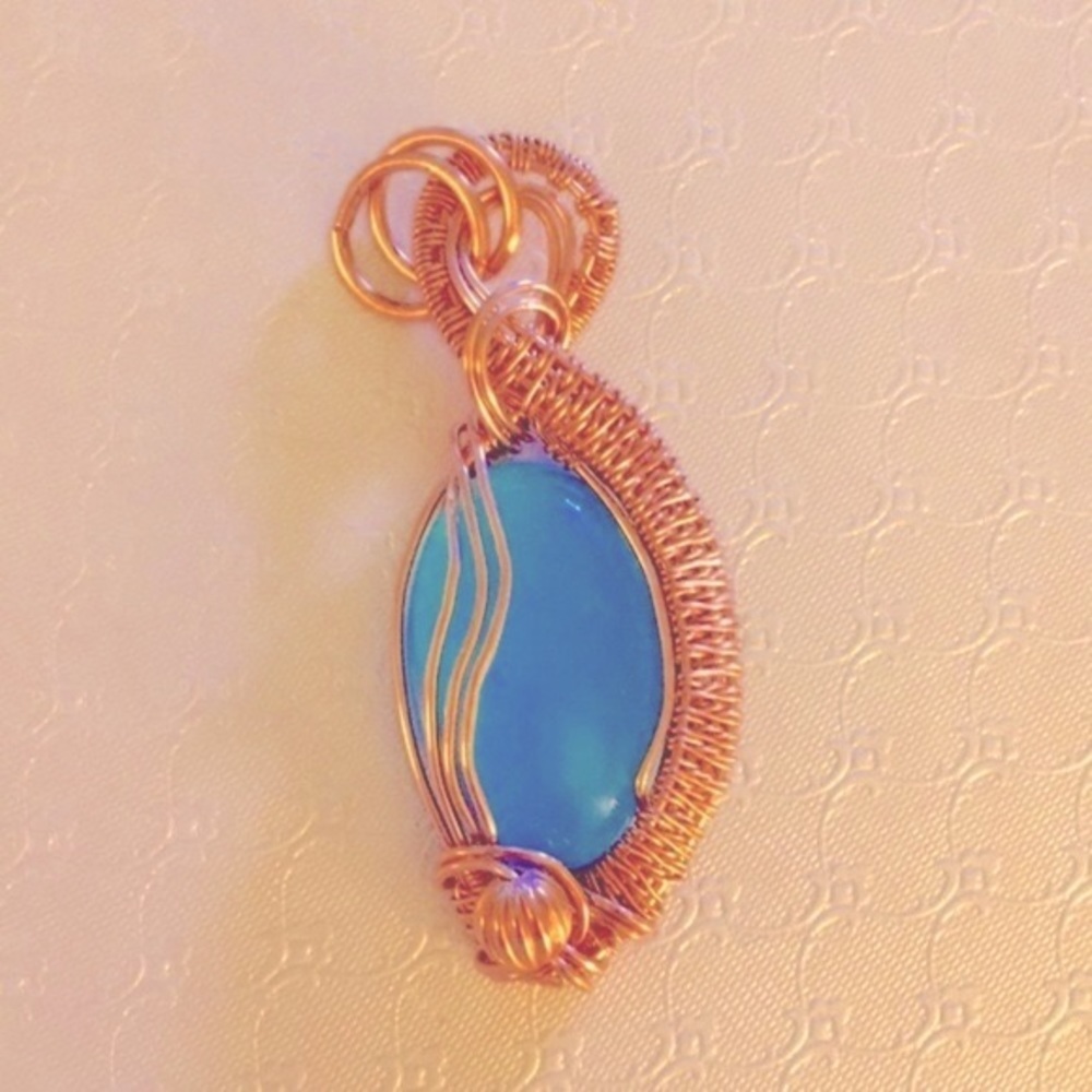 Blue Handmade wrapped Chalcedony Stone in copper Artisian Handmade Pendant
